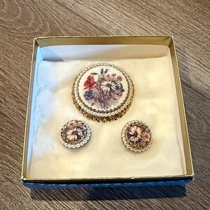 W. Germany Floral Sugar Brooch w/ Filagree & Faux Pearls, matching clip earrings